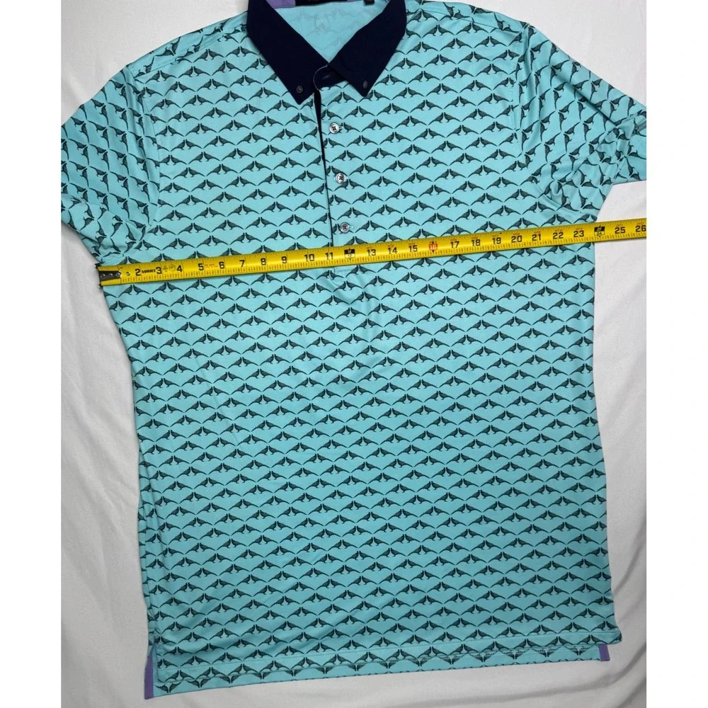 Greyson Clothiers Mens Large Turquoise Bird Print Golf Polo Shirt Navy Collar
